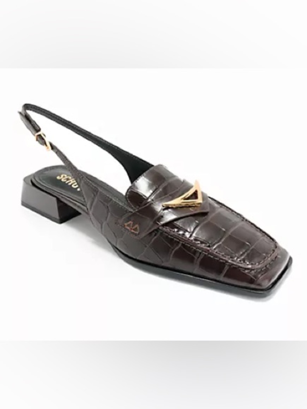 SCHUTZ Brown Croc-Embossed Slingback Loafer with Gold Accent